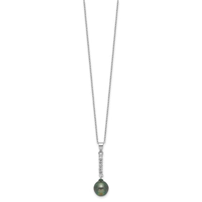 Sterlingsilber Rhodiniert 9-10mm Tahitian Salzwasser Perle Zirkonia Ohr & Neck Set