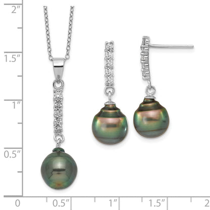 Sterlingsilber Rhodiniert 9-10mm Tahitian Salzwasser Perle Zirkonia Ohr & Neck Set