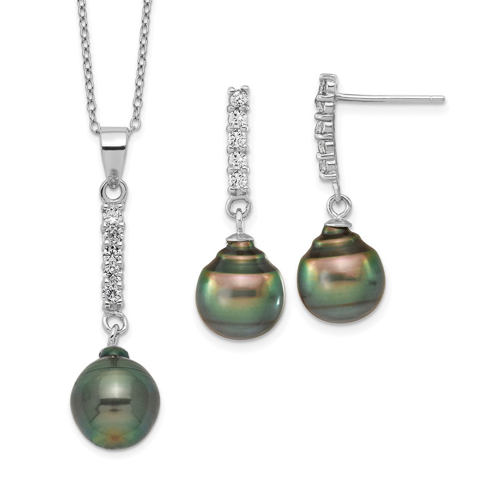 Sterlingsilber Rhodiniert 9-10mm Tahitian Salzwasser Perle Zirkonia Ohr & Neck Set