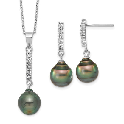 Sterlingsilber Rhodiniert 9-10mm Tahitian Salzwasser Perle Zirkonia Ohr & Neck Set
