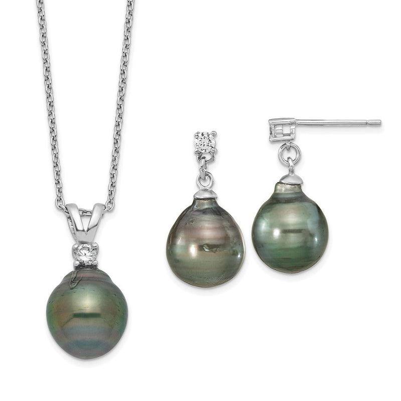 Sterlingsilber Rhodiniert 9-10mm Tropfen Tahitian Salzwasser Perle Zirkonia Ohr&neck Se