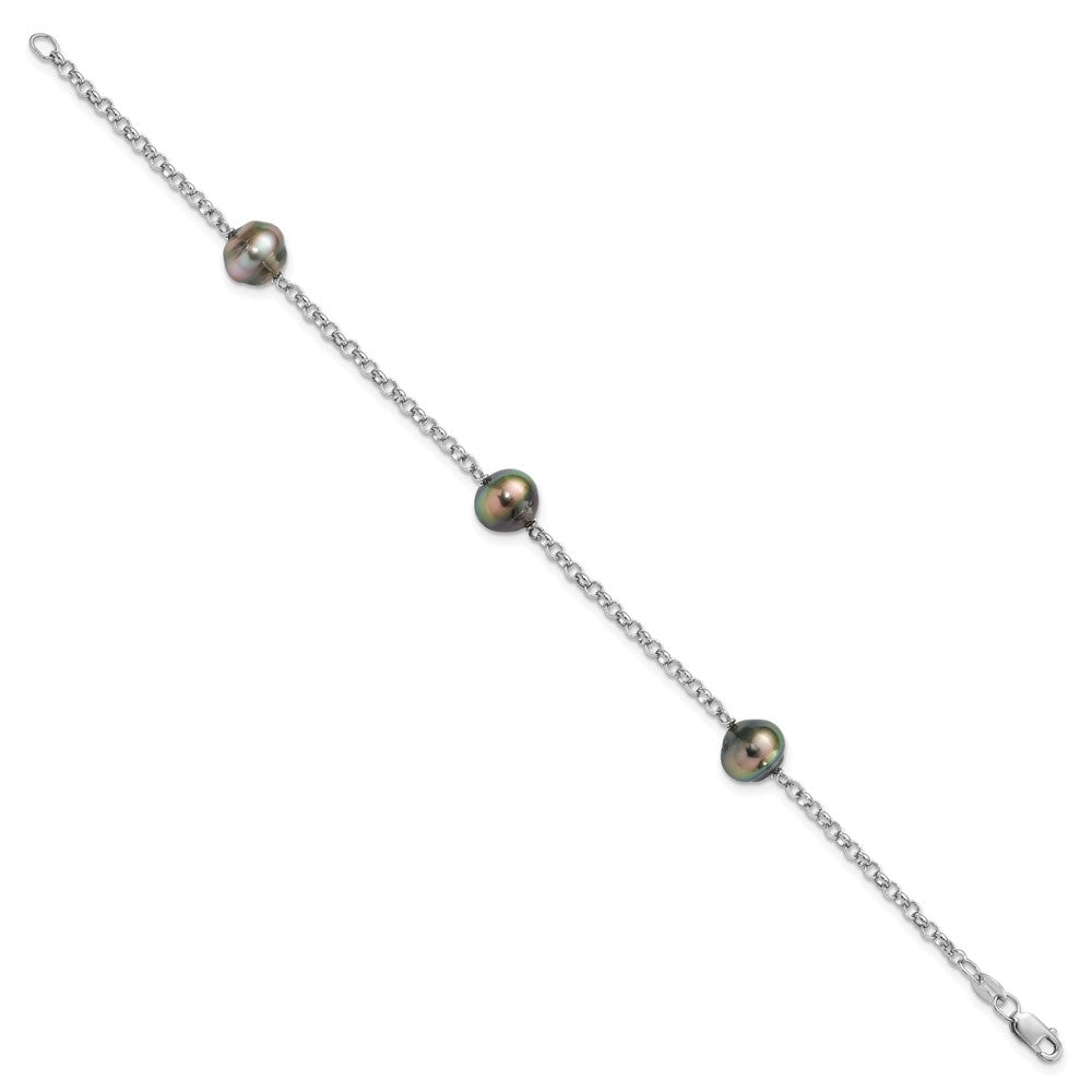 7.5 Zoll Sterlingsilber Rhodium 8-9mm Baroque 3stat Tahit Salzwasser Perle Armband
