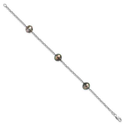 7.5 Zoll Sterlingsilber Rhodium 8-9mm Baroque 3stat Tahit Salzwasser Perle Armband