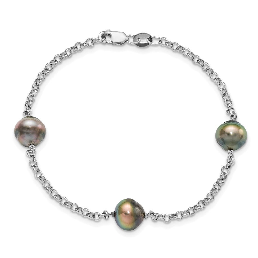 7.5 Zoll Sterlingsilber Rhodium 8-9mm Baroque 3stat Tahit Salzwasser Perle Armband