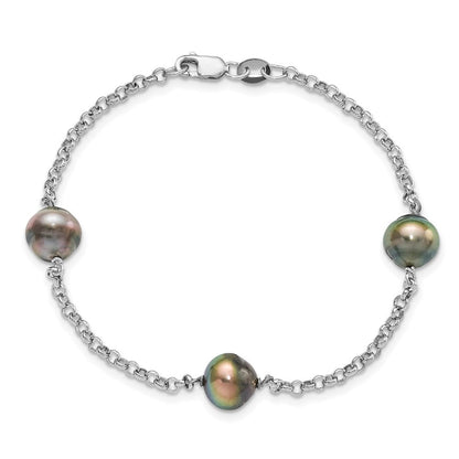 7.5 Zoll Sterlingsilber Rhodium 8-9mm Baroque 3stat Tahit Salzwasser Perle Armband