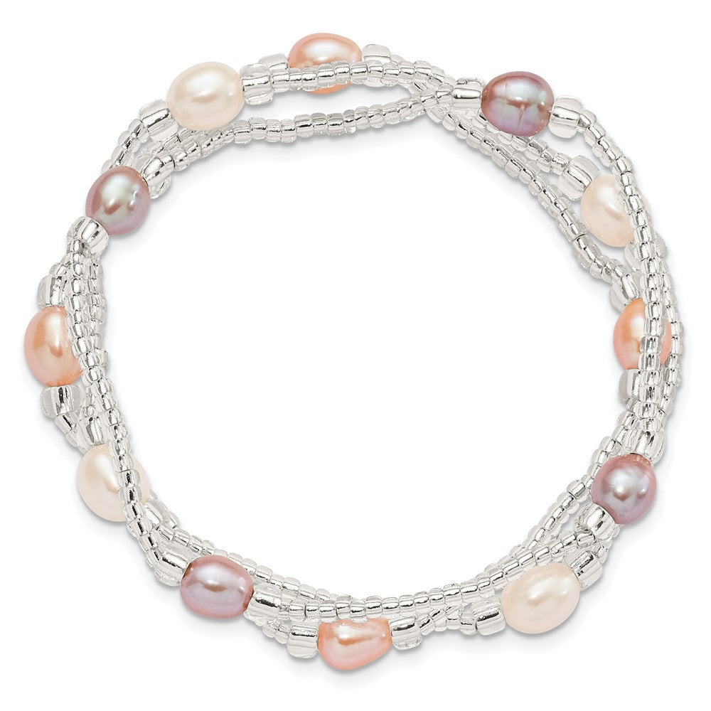 Mode 6-8mm Weiß/pink/purple Rice Süßwasser Zuchtperle und Glas Perle Dehnbar 3-bracelet Set