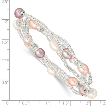 Mode 6-8mm Weiß/pink/purple Rice Süßwasser Zuchtperle und Glas Perle Dehnbar 3-bracelet Set
