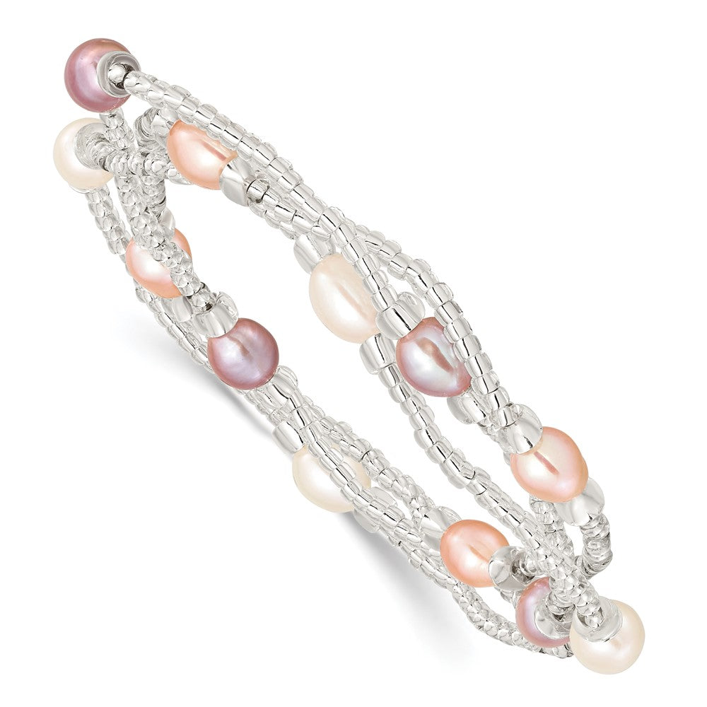 Mode 6-8mm Weiß/pink/purple Rice Süßwasser Zuchtperle und Glas Perle Dehnbar 3-bracelet Set