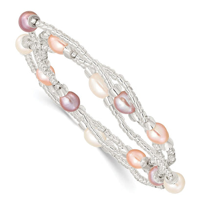 Mode 6-8mm Weiß/pink/purple Rice Süßwasser Zuchtperle und Glas Perle Dehnbar 3-bracelet Set