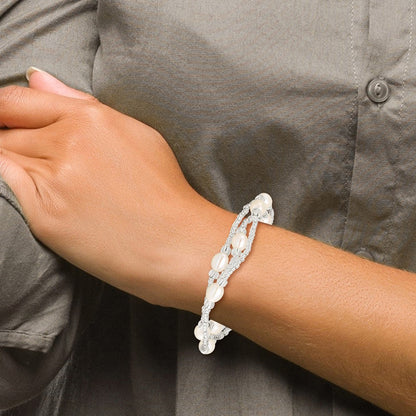 Mode 6-8mm Weiß Rice Süßwasser Zuchtperle und Glas Perle Dehnbar 3-bracelet Set