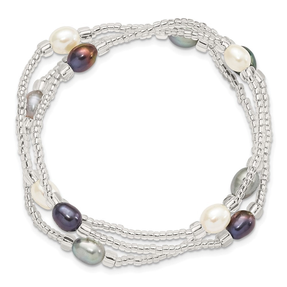 Mode 6-8mm Weiß/black/grey Rice Süßwasser Zuchtperle und Glas Perle Dehnbar 3-bracelet Set