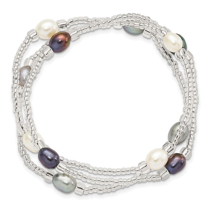 Mode 6-8mm Weiß/black/grey Rice Süßwasser Zuchtperle und Glas Perle Dehnbar 3-bracelet Set