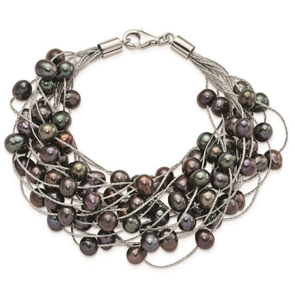 7.5 Zoll Sterlingsilber Rhodiniert-pl 6-7mm Schwarz Off-round Fwc Perle Multi-strand Armband
