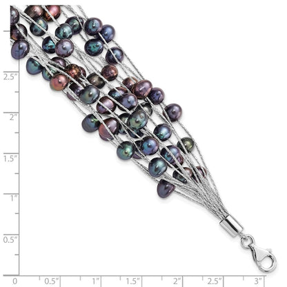 7.5 Zoll Sterlingsilber Rhodiniert-pl 6-7mm Schwarz Off-round Fwc Perle Multi-strand Armband