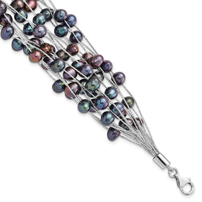7.5 Zoll Sterlingsilber Rhodiniert-pl 6-7mm Schwarz Off-round Fwc Perle Multi-strand Armband