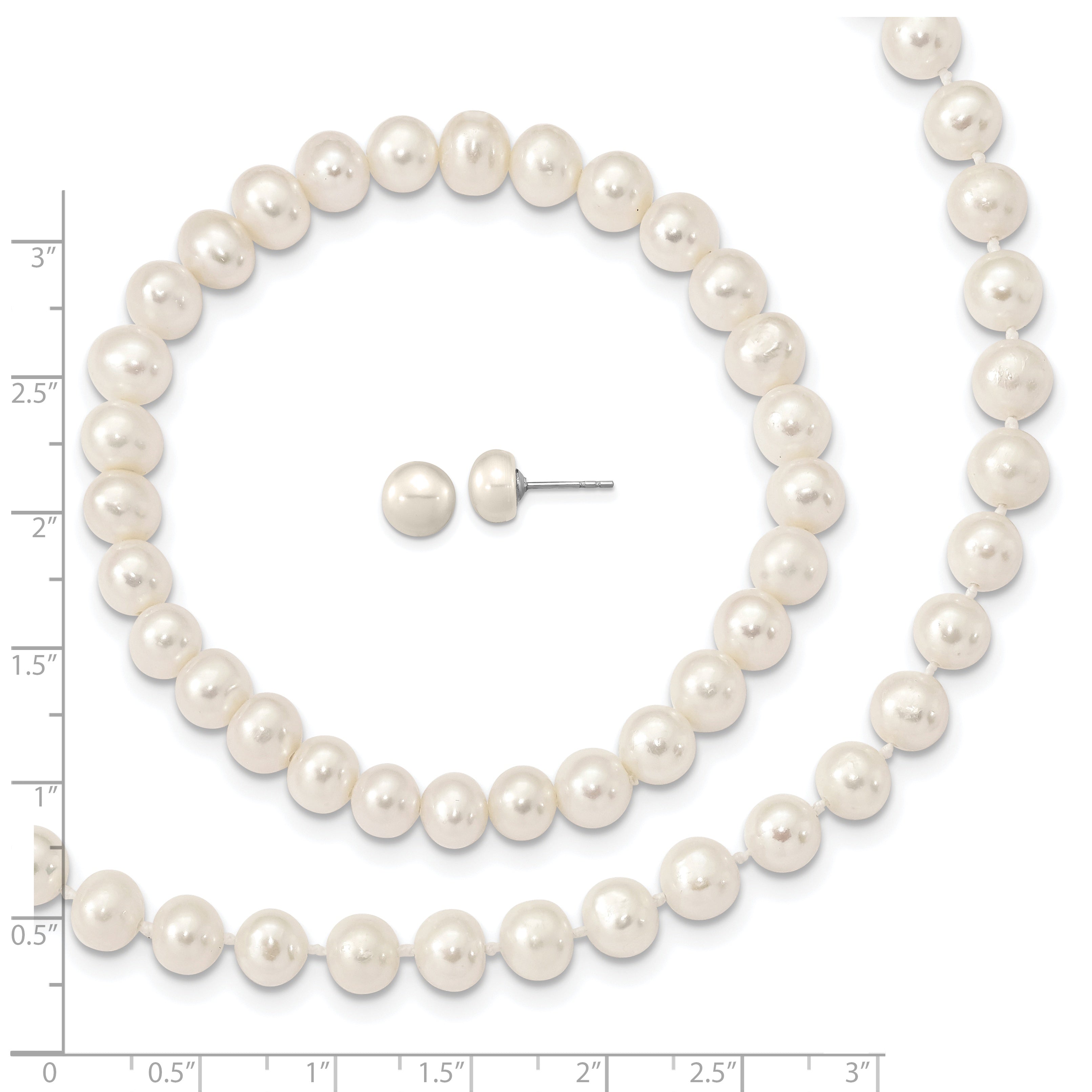 Sterlingsilber Rhodiniert-p 7-8mm Weiß Fwc Perle Ohrring Armband Halskette Set