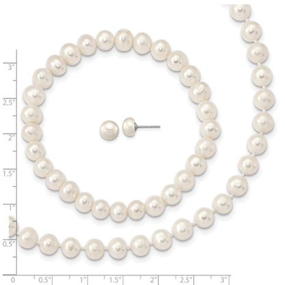 Sterlingsilber Rhodiniert-p 7-8mm Weiß Fwc Perle Ohrring Armband Halskette Set