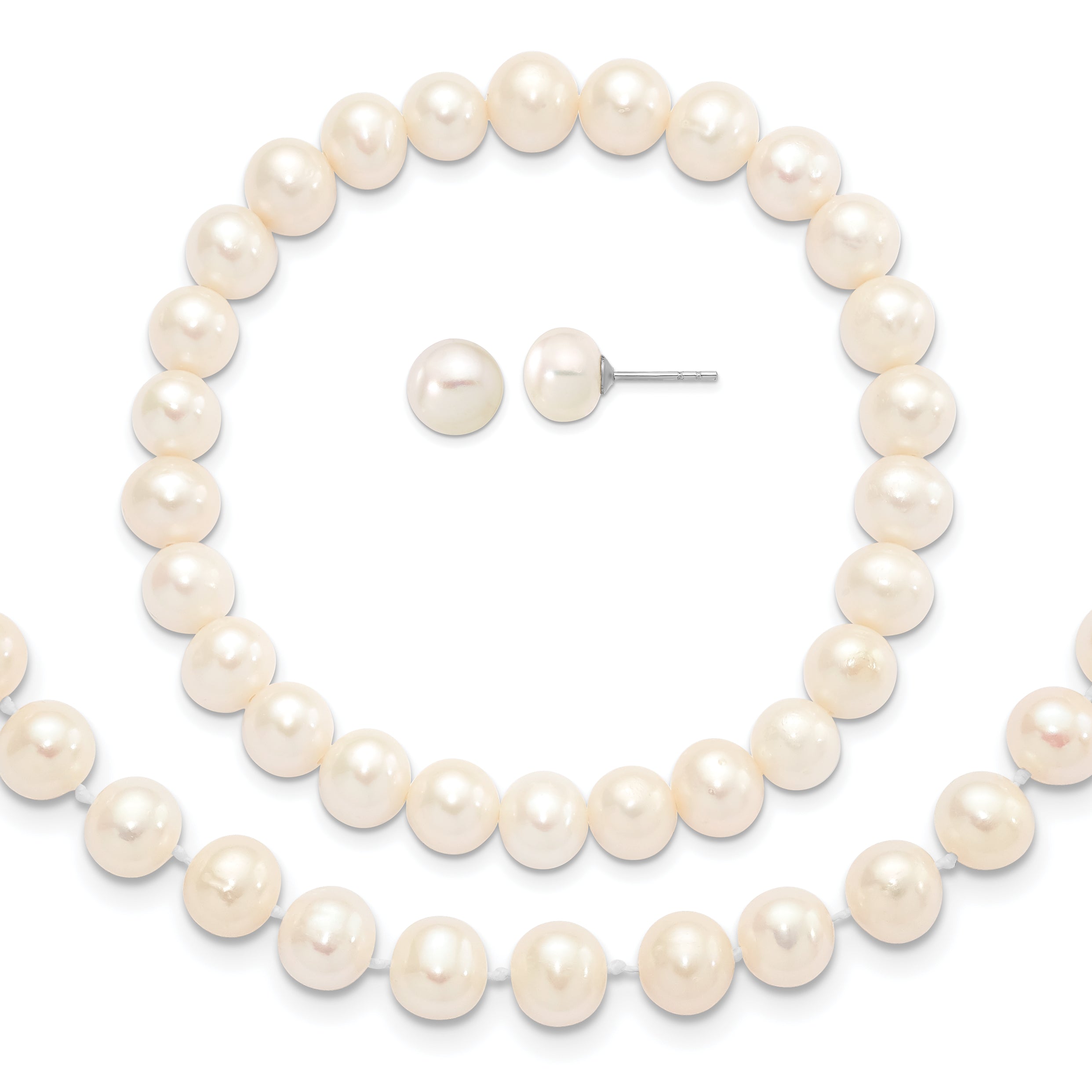 Sterlingsilber Rhodiniert-p 7-8mm Weiß Fwc Perle Ohrring Armband Halskette Set