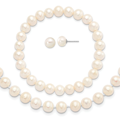 Sterlingsilber Rhodiniert-p 7-8mm Weiß Fwc Perle Ohrring Armband Halskette Set