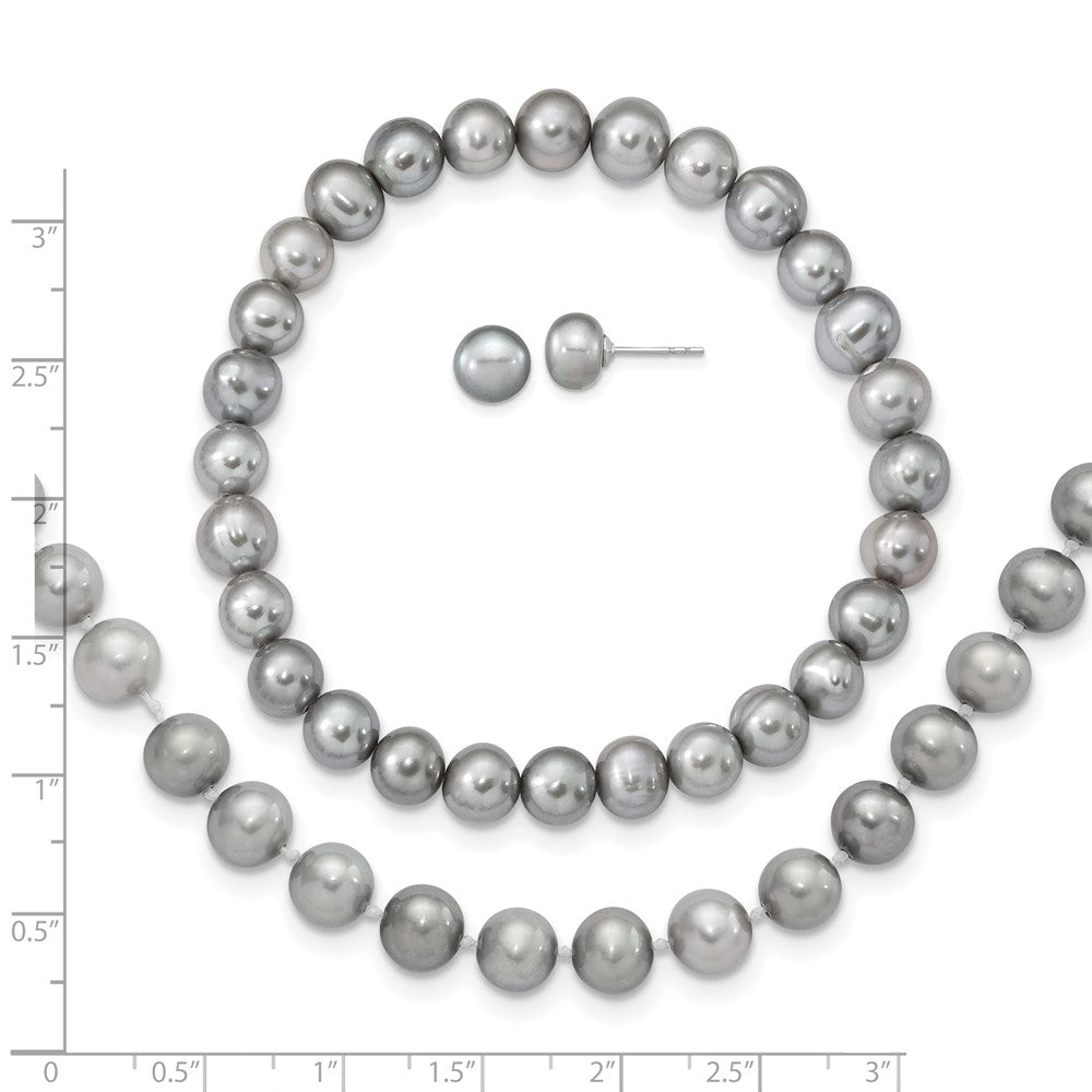 Sterlingsilber Rhodiniert-p 7-8mm Grau Fwc Perle Ohrring Armband Halskette Set
