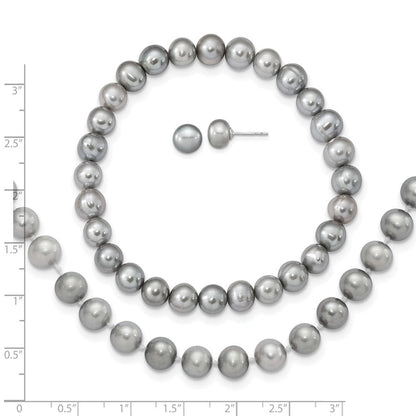 Sterlingsilber Rhodiniert-p 7-8mm Grau Fwc Perle Ohrring Armband Halskette Set