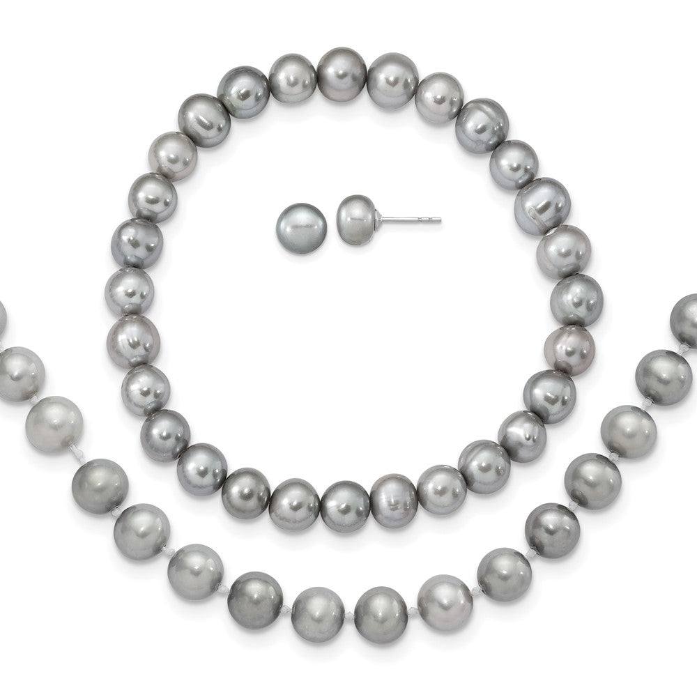 Sterlingsilber Rhodiniert-p 7-8mm Grau Fwc Perle Ohrring Armband Halskette Set