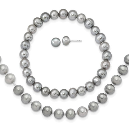 Sterlingsilber Rhodiniert-p 7-8mm Grau Fwc Perle Ohrring Armband Halskette Set