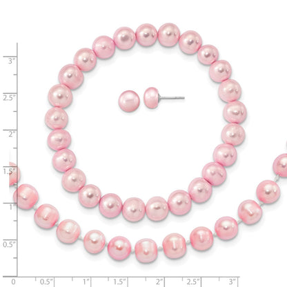 Sterlingsilber Rhodiniert-p 7-8mm Rosa Fwc Perle Ohrring Armband Halskette Set