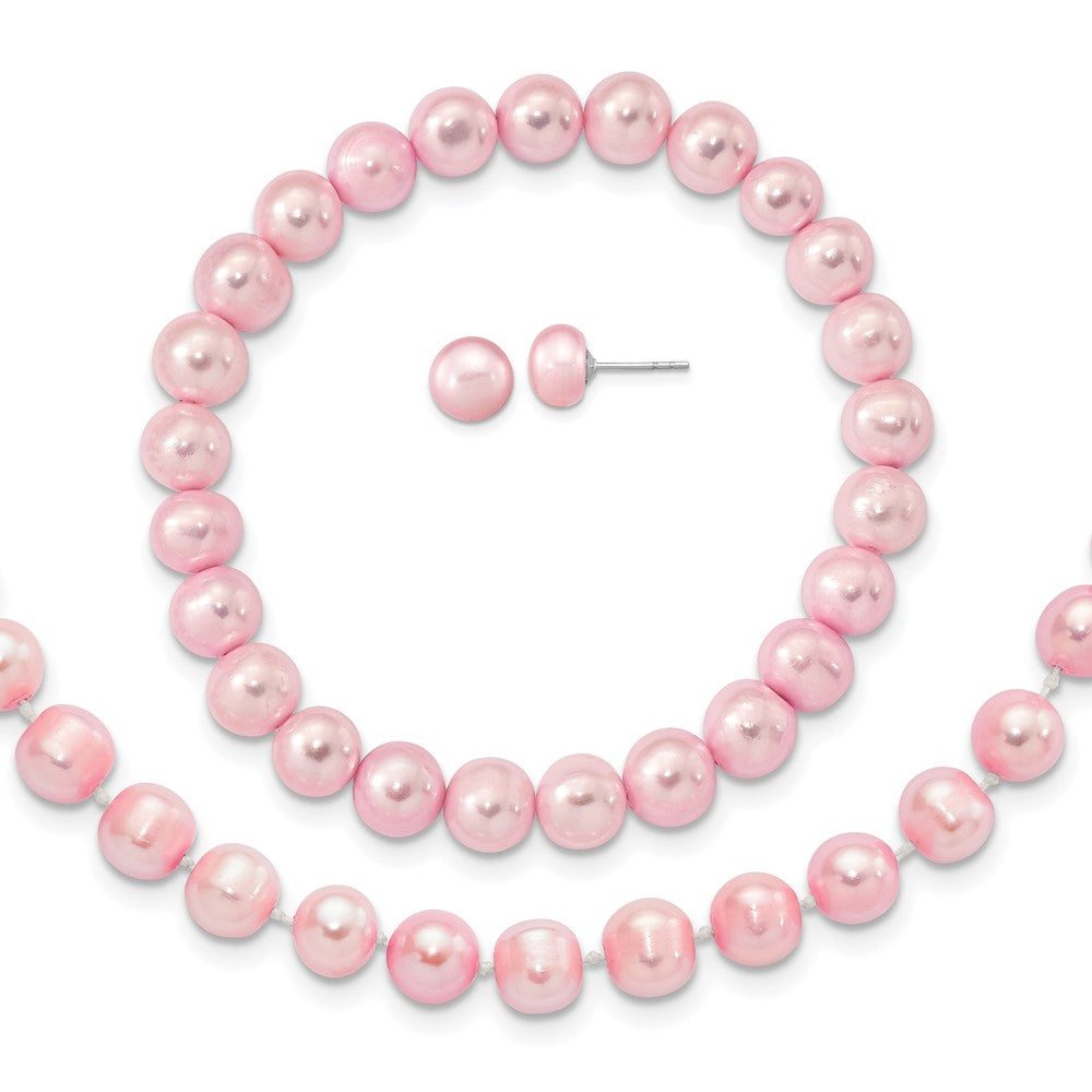 Sterlingsilber Rhodiniert-p 7-8mm Rosa Fwc Perle Ohrring Armband Halskette Set