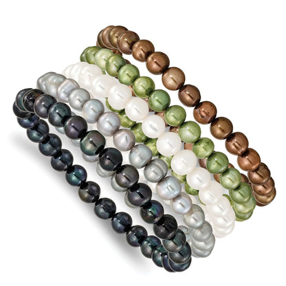 Mode 6-7mm Grün/grey/white/black/brown Süßwasser Zuchtperle Dehnbar 5-piece Armband Set