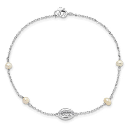 7.5 Zoll Sterlingsilber Rhodiniert Cowrie Muschel & Halb-round Fwc Perle Armband
