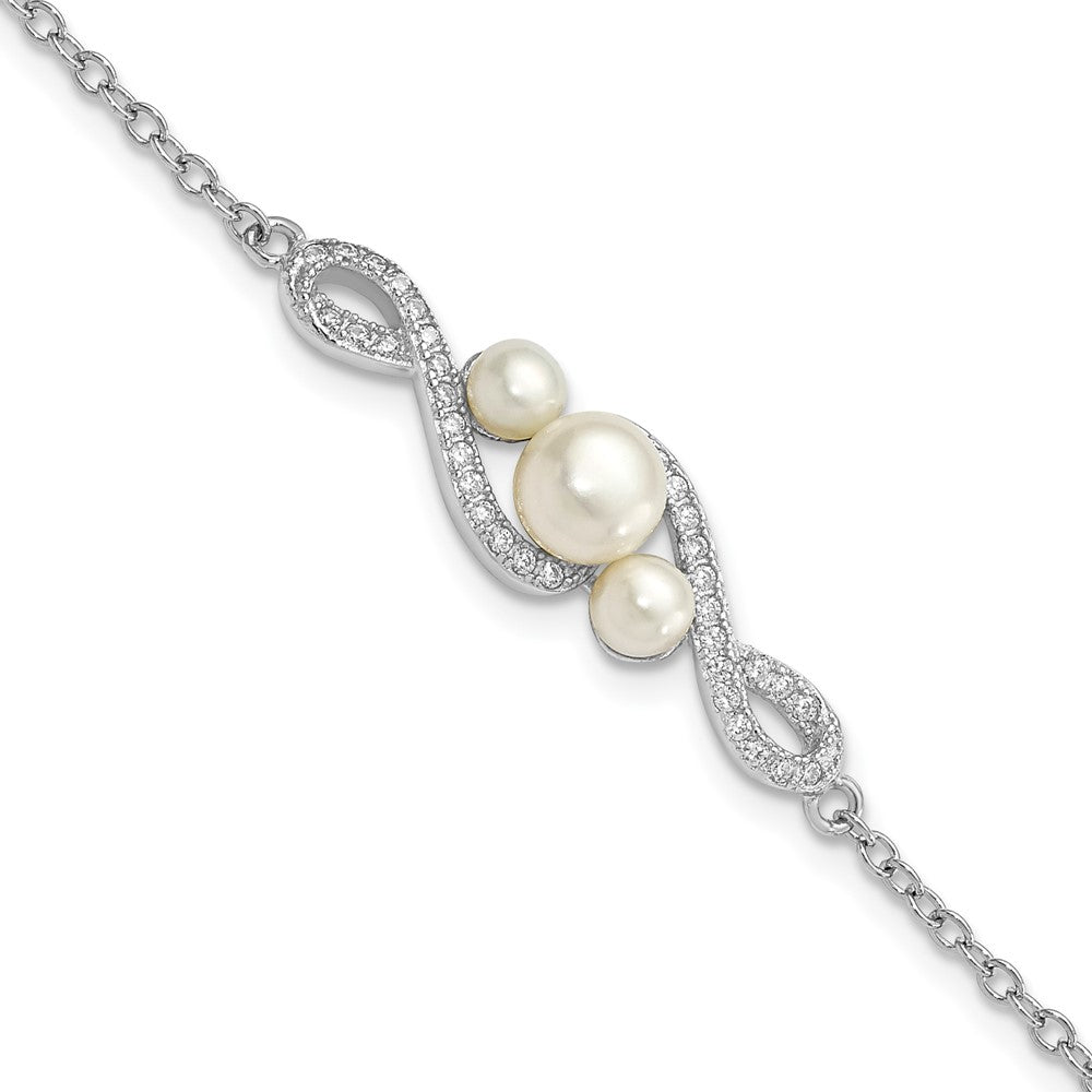 9 Zoll Sterlingsilber Rhodiniert-pl Zirkonia 4-7mm Weiß Knopf Fwc Perle mit 2 Zoll Verlängerung. Armband