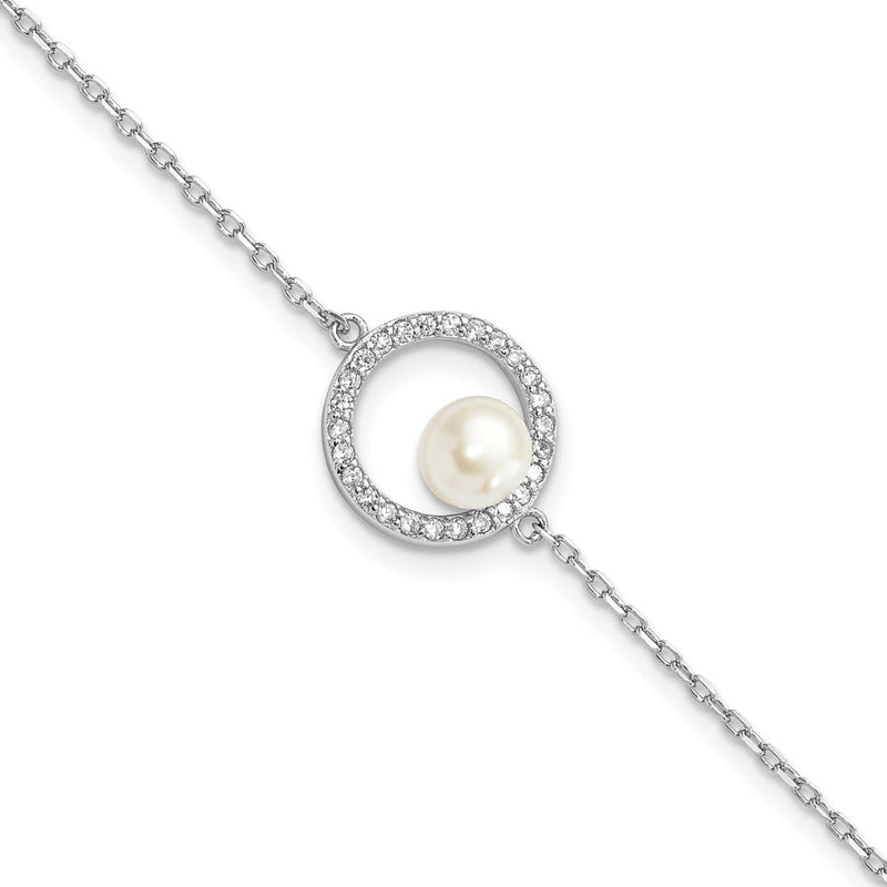 Sterlingsilber Rhodiniert-pl Zirkonia 6-7mm Weiß Knopf Fwc Perle mit 1.25 Zoll Verlängerung Bracele