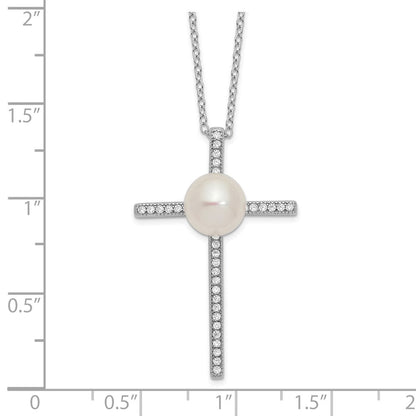 Sterlingsilber Rhodiniert 8-9mm Knopf Fwc Perle Zirkonia Kreuz Halskette