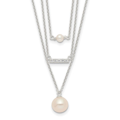 Sterlingsilber Rhodiniert Multi Strang Zirkonia und Glas Perle Halskette