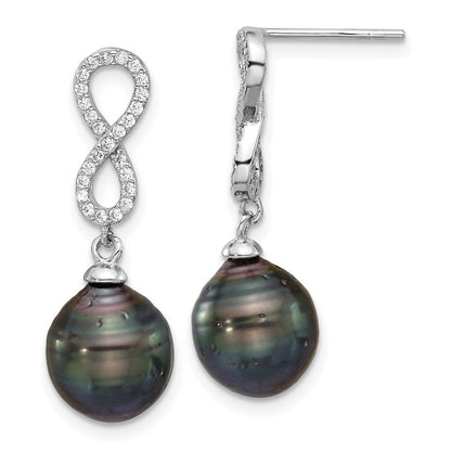Sterlingsilber Rhodiniert Tahitian Perle/cz Unendlichkeit Halskette/earring Set