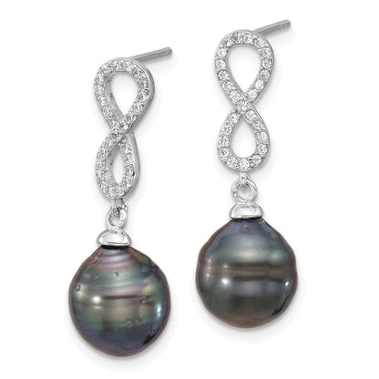 Sterlingsilber Rhodiniert Tahitian Perle/cz Unendlichkeit Halskette/earring Set