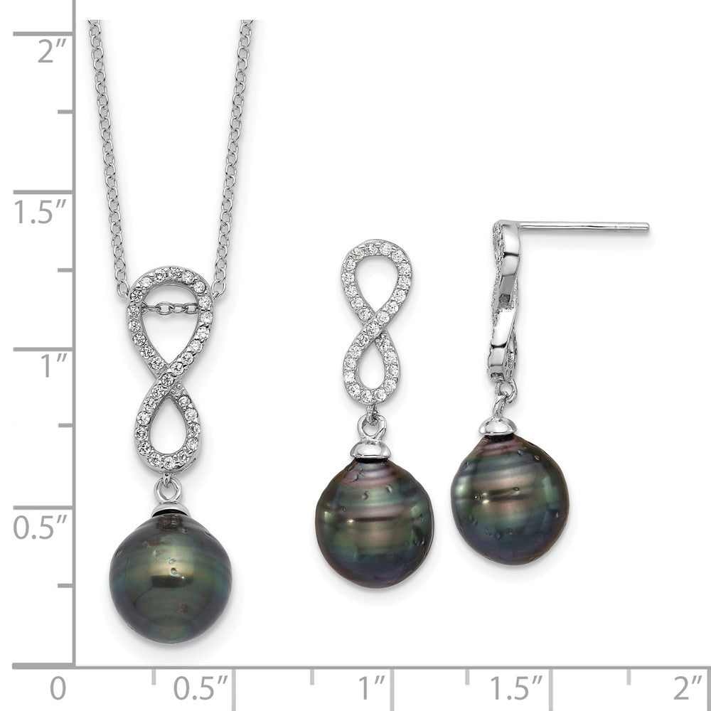 Sterlingsilber Rhodiniert Tahitian Perle/cz Unendlichkeit Halskette/earring Set