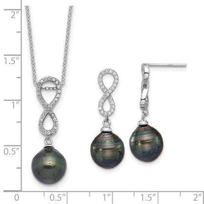 Sterlingsilber Rhodiniert Tahitian Perle/cz Unendlichkeit Halskette/earring Set