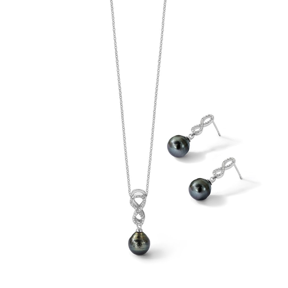 Sterlingsilber Rhodiniert Tahitian Perle/cz Unendlichkeit Halskette/earring Set