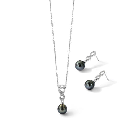 Sterlingsilber Rhodiniert Tahitian Perle/cz Unendlichkeit Halskette/earring Set