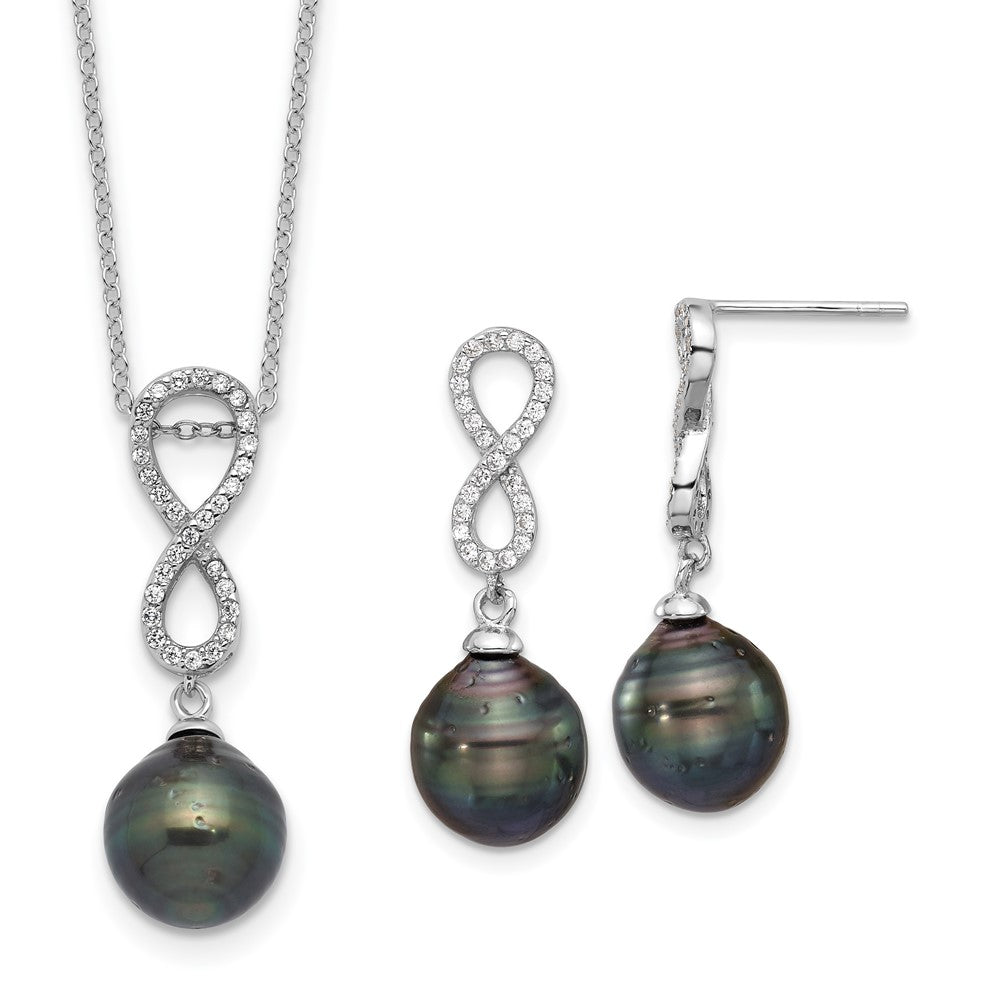 Sterlingsilber Rhodiniert Tahitian Perle/cz Unendlichkeit Halskette/earring Set