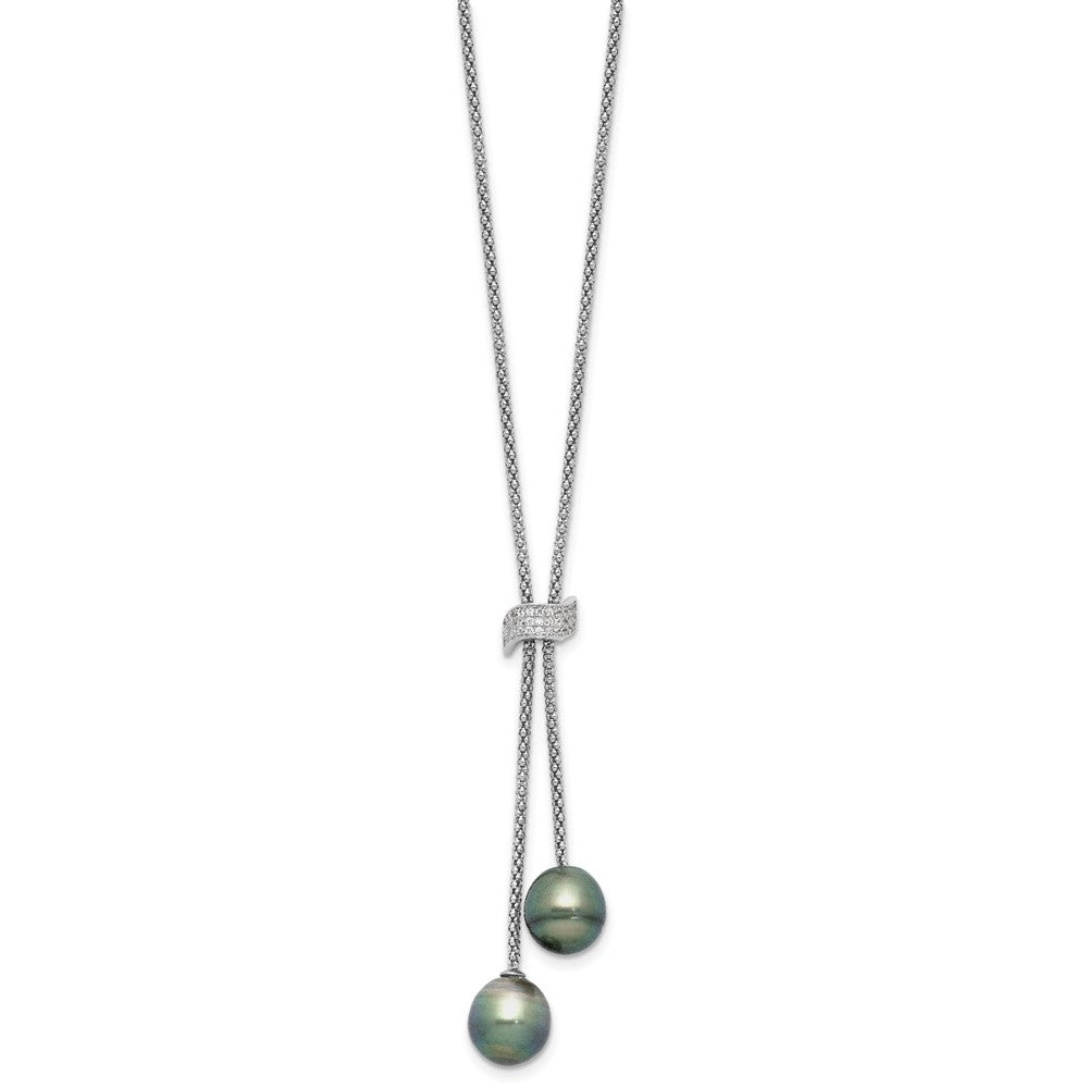 Sterlingsilber Rhodiniert Tahitian Perle/cz Hängend mit 2 Zoll Verlängerung Halskette
