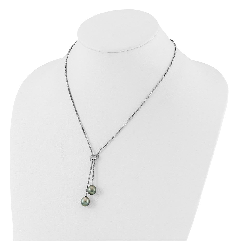 Sterlingsilber Rhodiniert Tahitian Perle/cz Hängend mit 2 Zoll Verlängerung Halskette