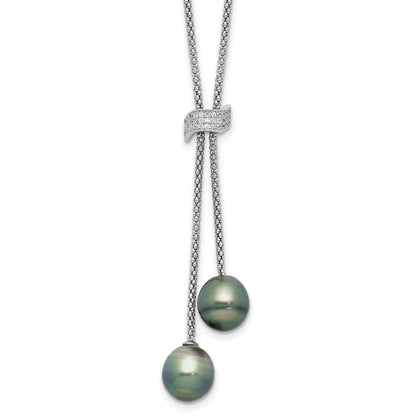 Sterlingsilber Rhodiniert Tahitian Perle/cz Hängend mit 2 Zoll Verlängerung Halskette