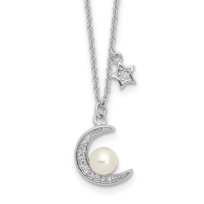 Sterlingsilber Rhodiniert Zirkonia und Fwc Perle Mond und Stern 18 Zoll Halskette