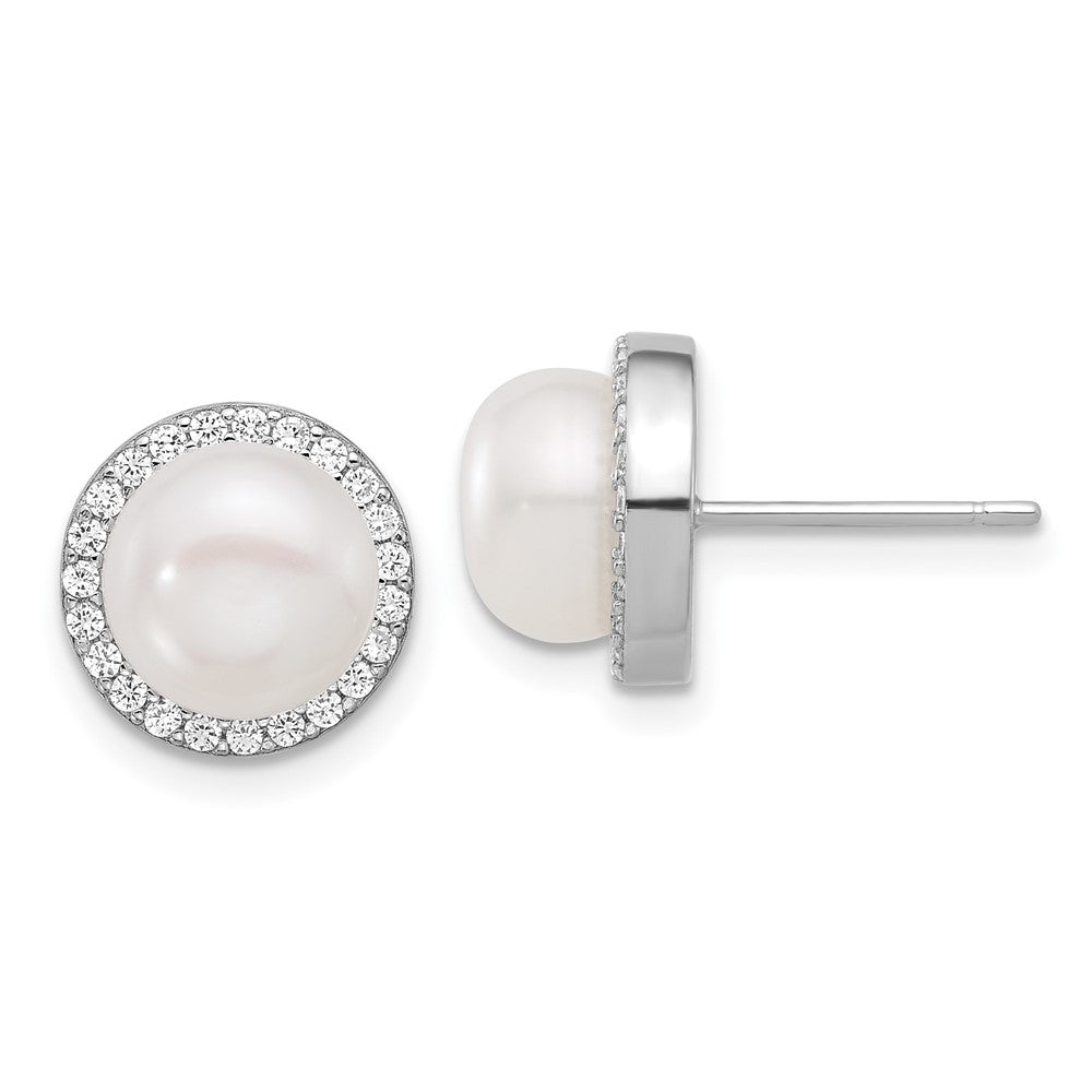 Sterlingsilber Rhodiniert 8-9.5mm Fwc Perle/cz Halskette/post Ohrring Set