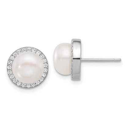 Sterlingsilber Rhodiniert 8-9.5mm Fwc Perle/cz Halskette/post Ohrring Set