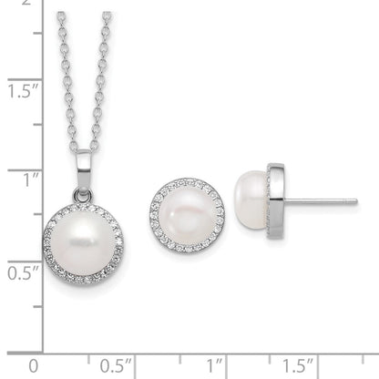 Sterlingsilber Rhodiniert 8-9.5mm Fwc Perle/cz Halskette/post Ohrring Set