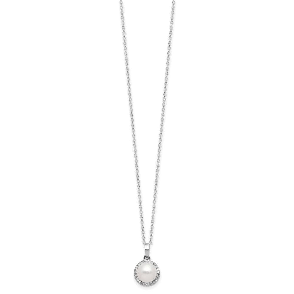 Sterlingsilber Rhodiniert 8-9.5mm Fwc Perle/cz Halskette/post Ohrring Set